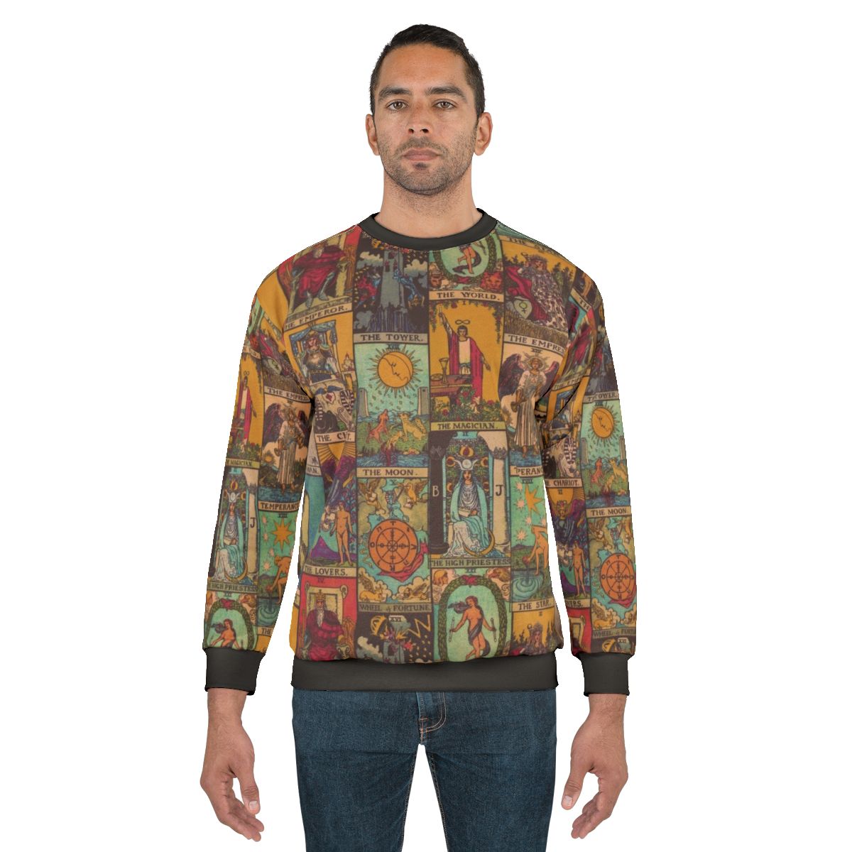 Vintage tarot patchwork sweatshirt with major arcana imagery