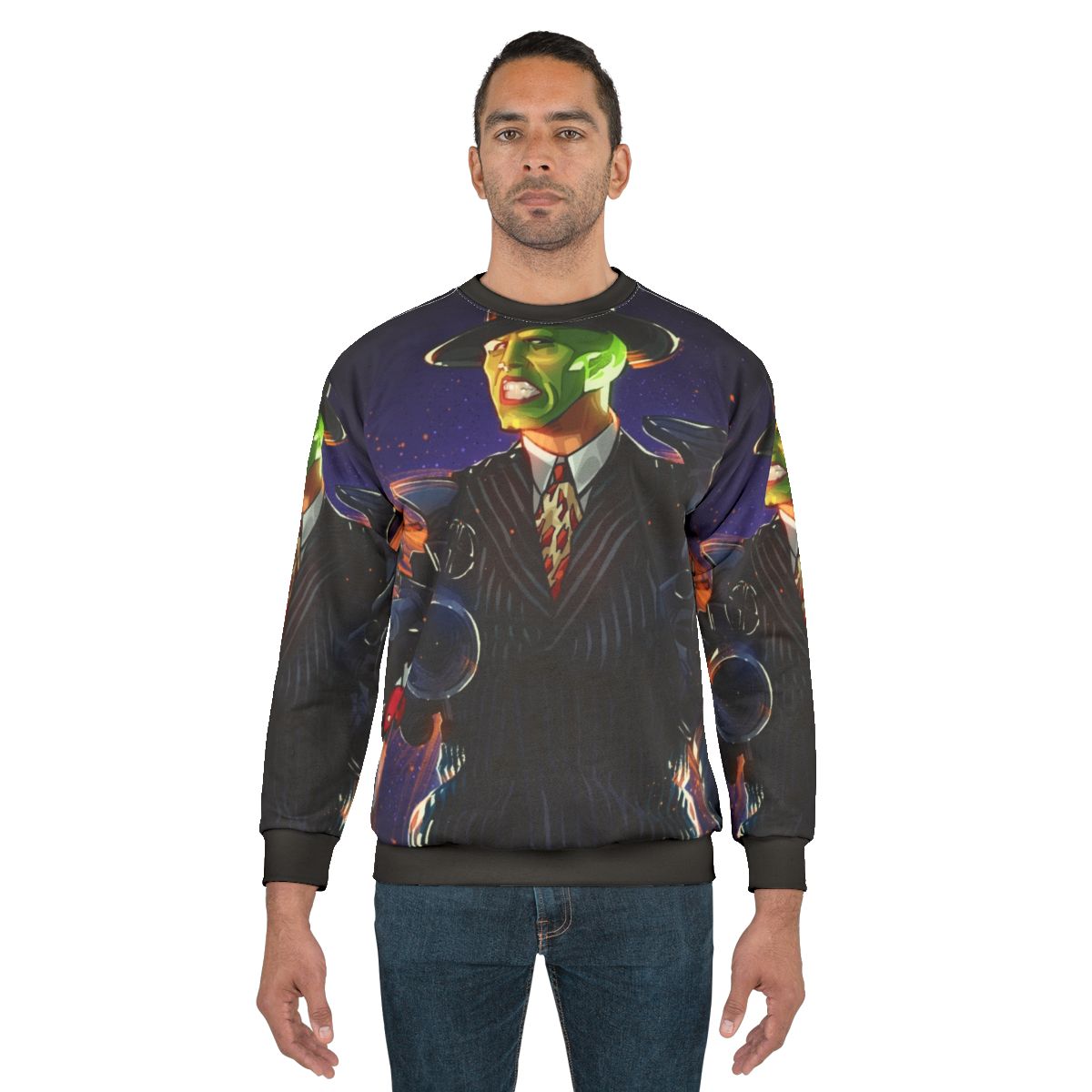 The Mask Sweatshirt 3 featuring the iconic green superhero character from the Jim Carrey comedy