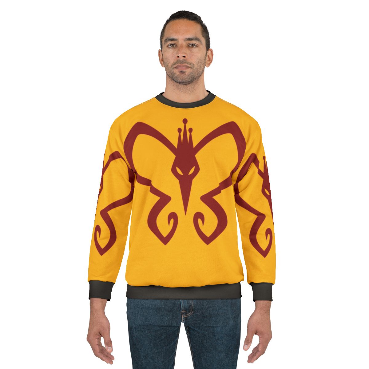 Monarch butterfly logo on a grey sweatshirt