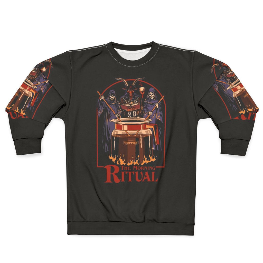 Retro "Morning Ritual" sweatshirt featuring gothic, caffeine-inspired design