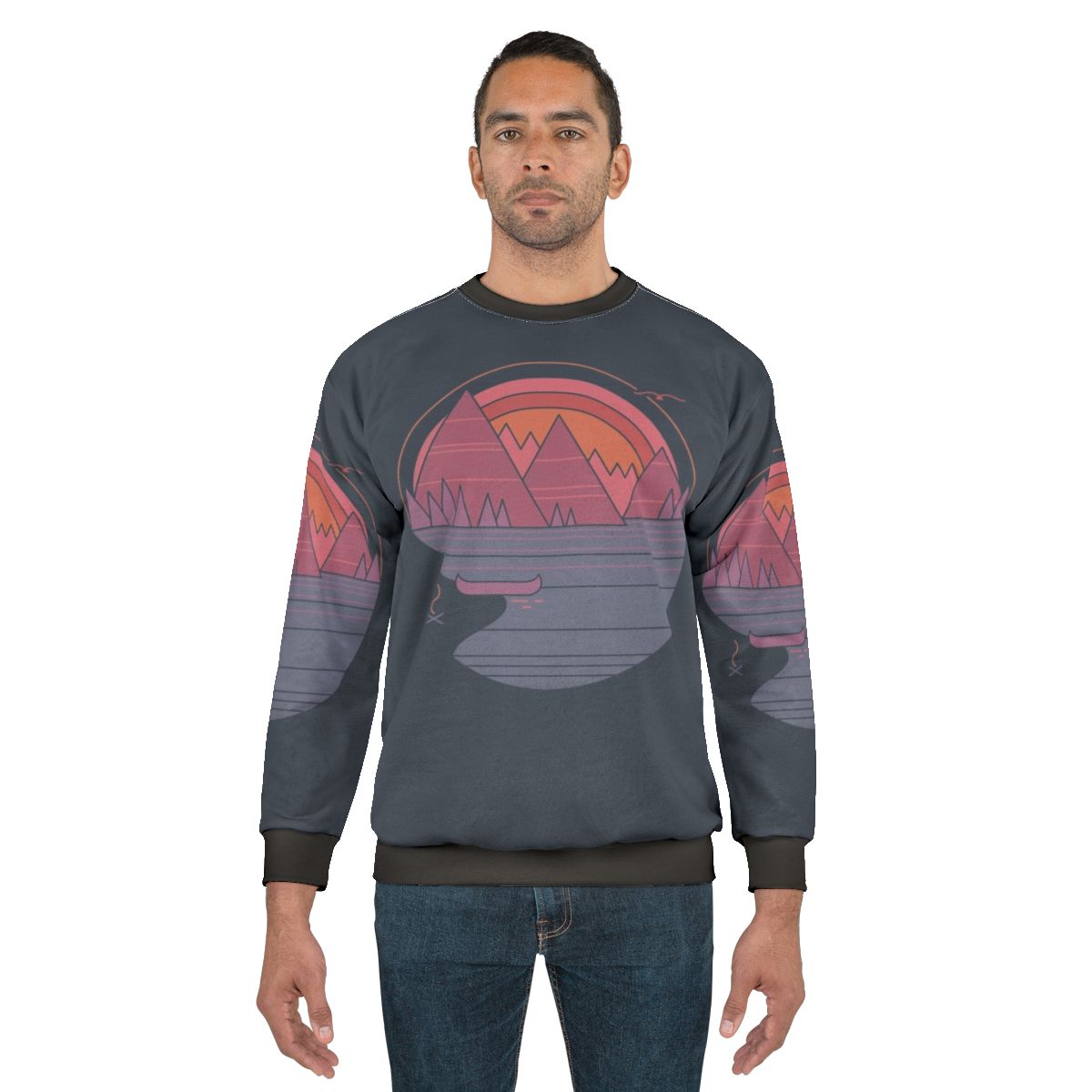 The Mountains Are Calling Sweatshirt featuring a minimalist mountain landscape design