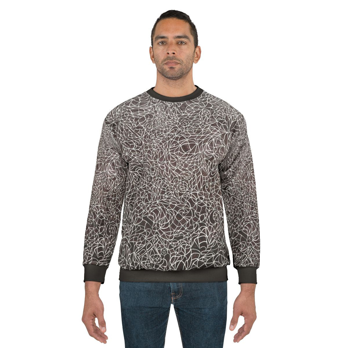 The Music Maze Sweatshirt featuring a black and white pattern with treble clefs, bass clefs, and musical notes