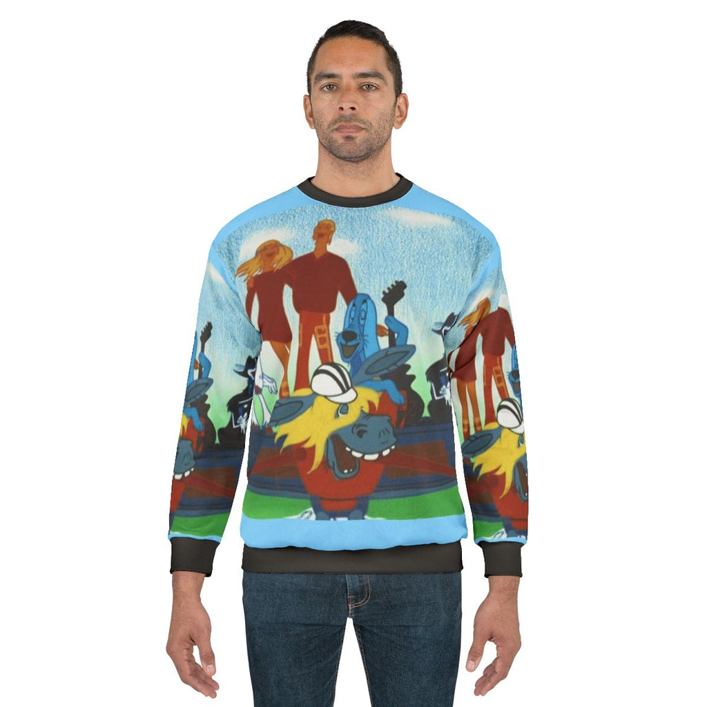 Retro Soviet cartoon sweatshirt featuring musical characters and animal friends