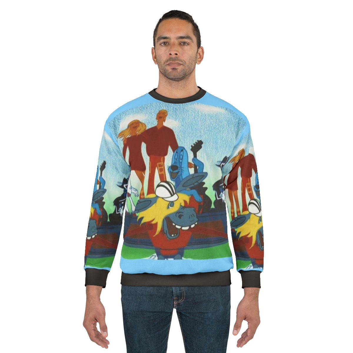 Retro Soviet cartoon sweatshirt featuring musical characters and animal friends