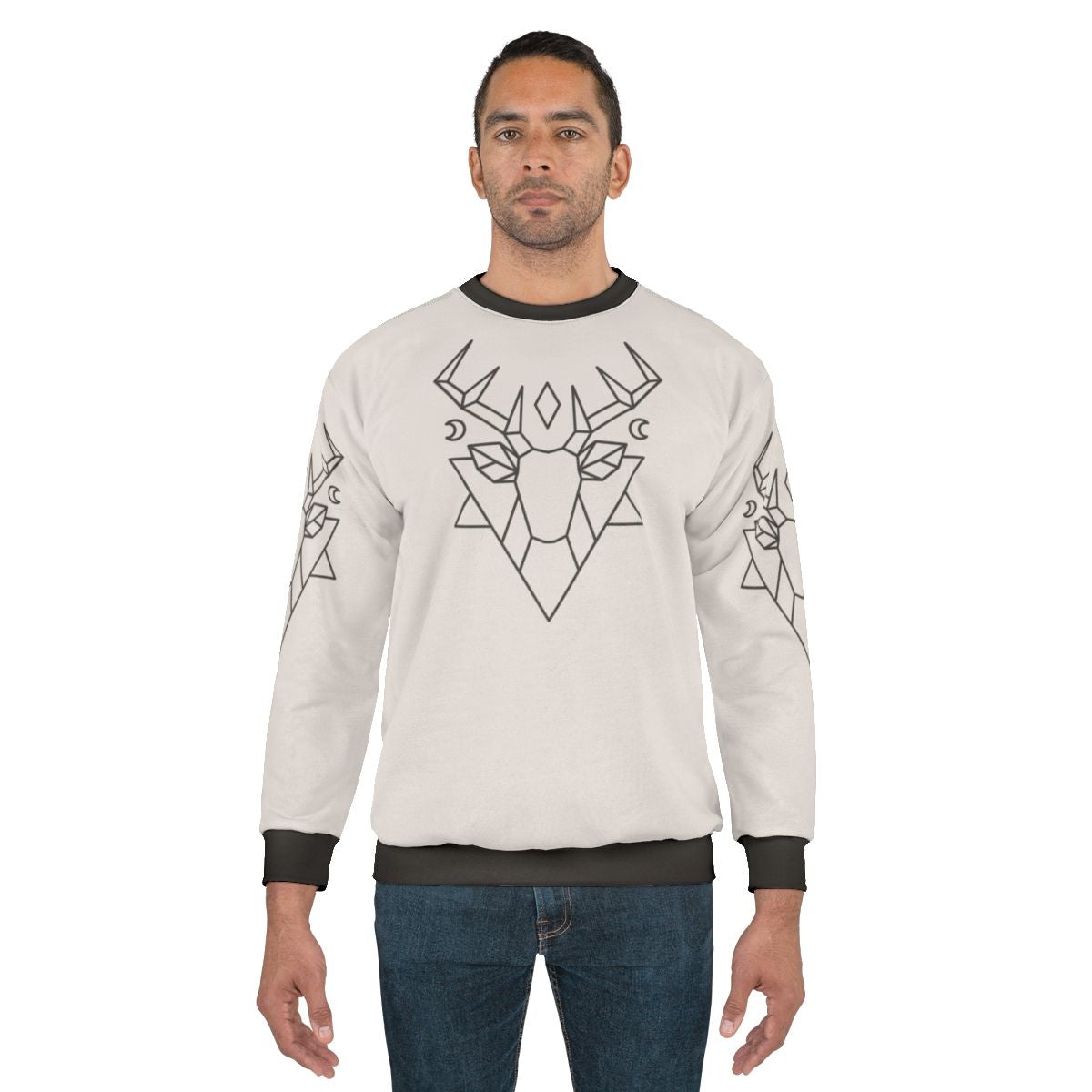 Mystic deer graphic sweatshirt with forest, moon, and stars design