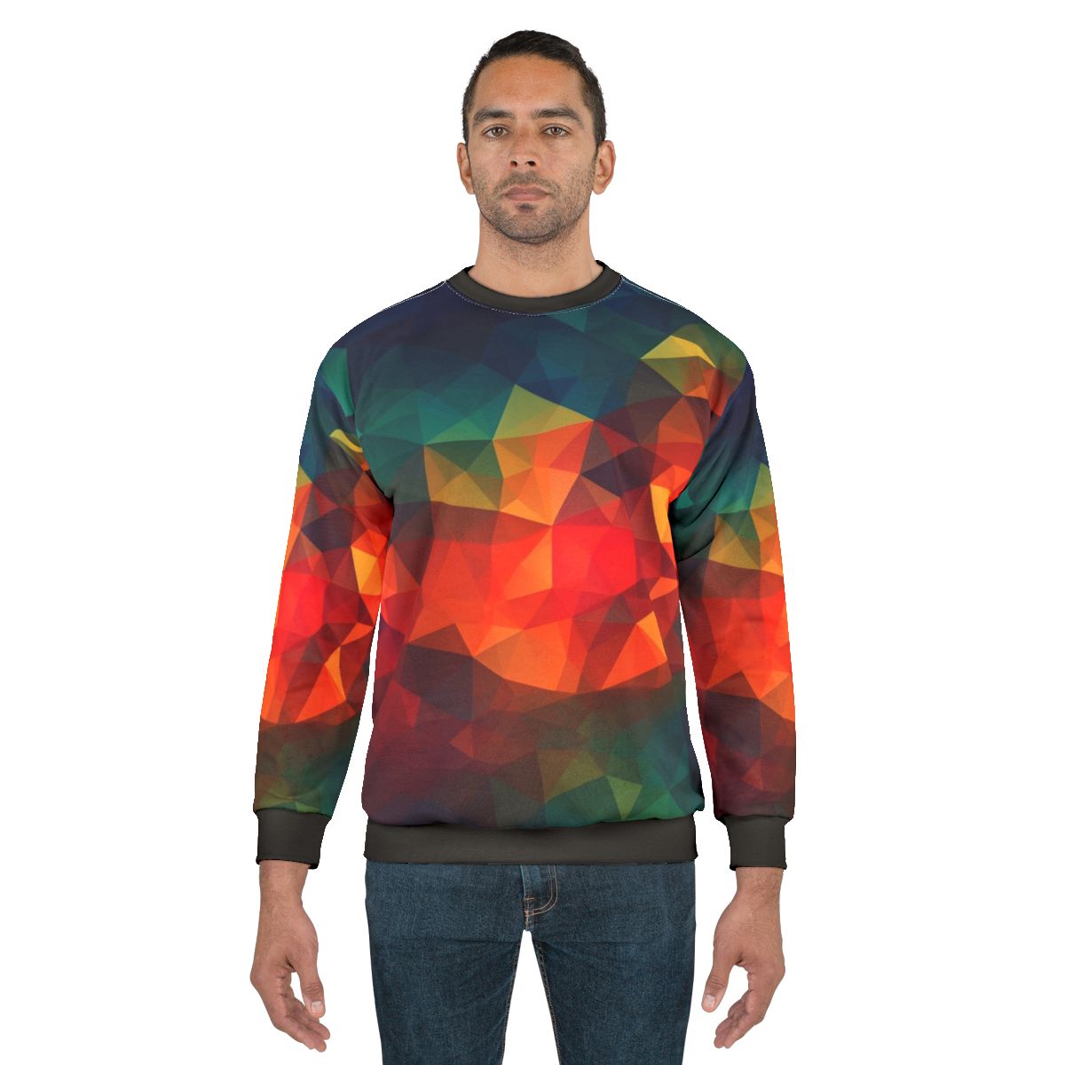 Geometric sweatshirt with colorful polygon patterns