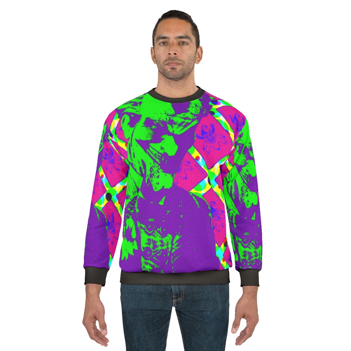 Psychedelic clown prince of crime pop art graphic on sweatshirt