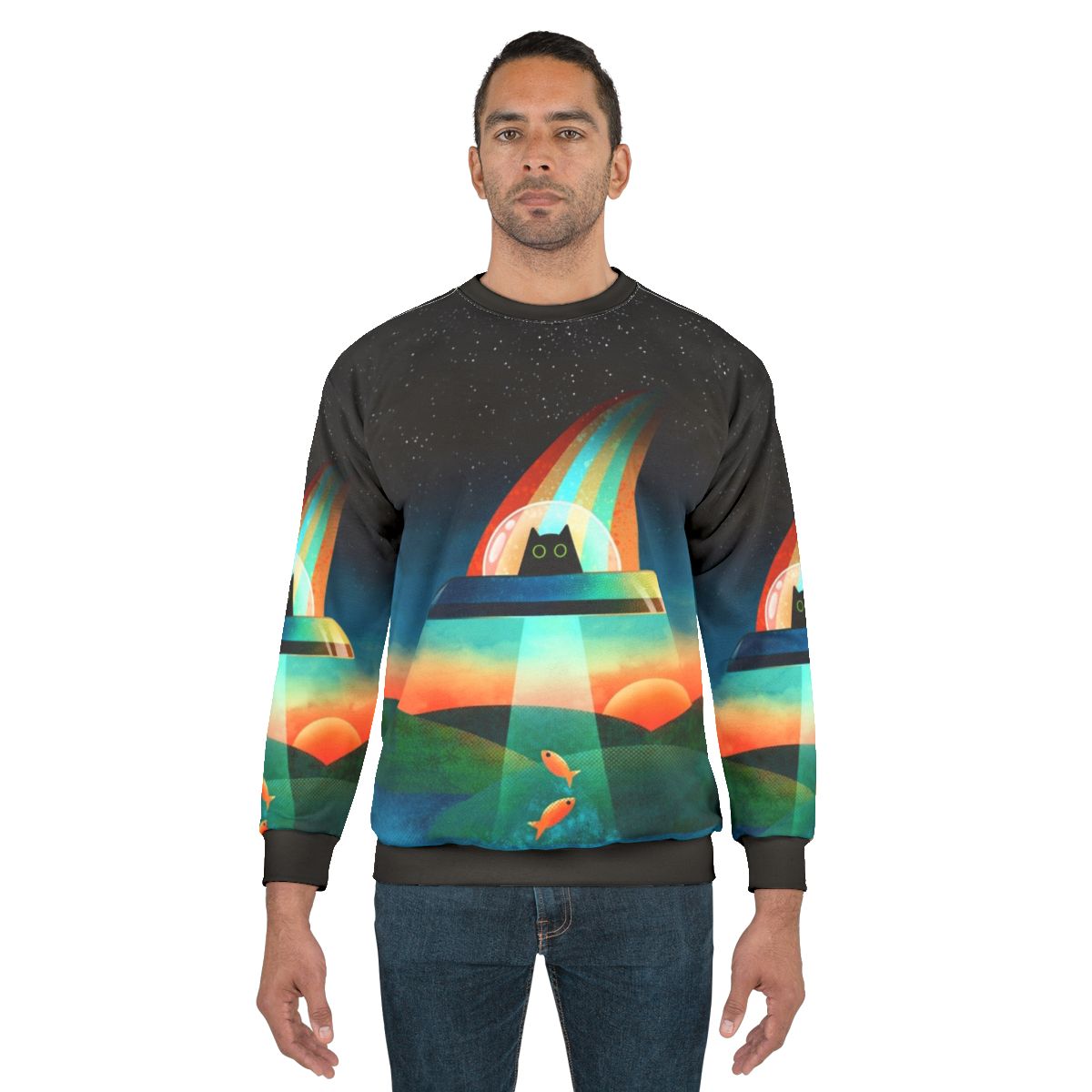 Vibrant alien cat sweatshirt design