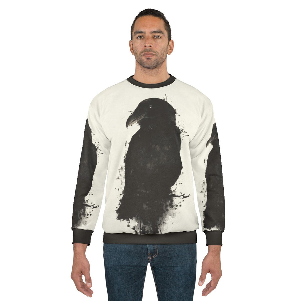Raven sweatshirt with photomanipulated ink and spatter design