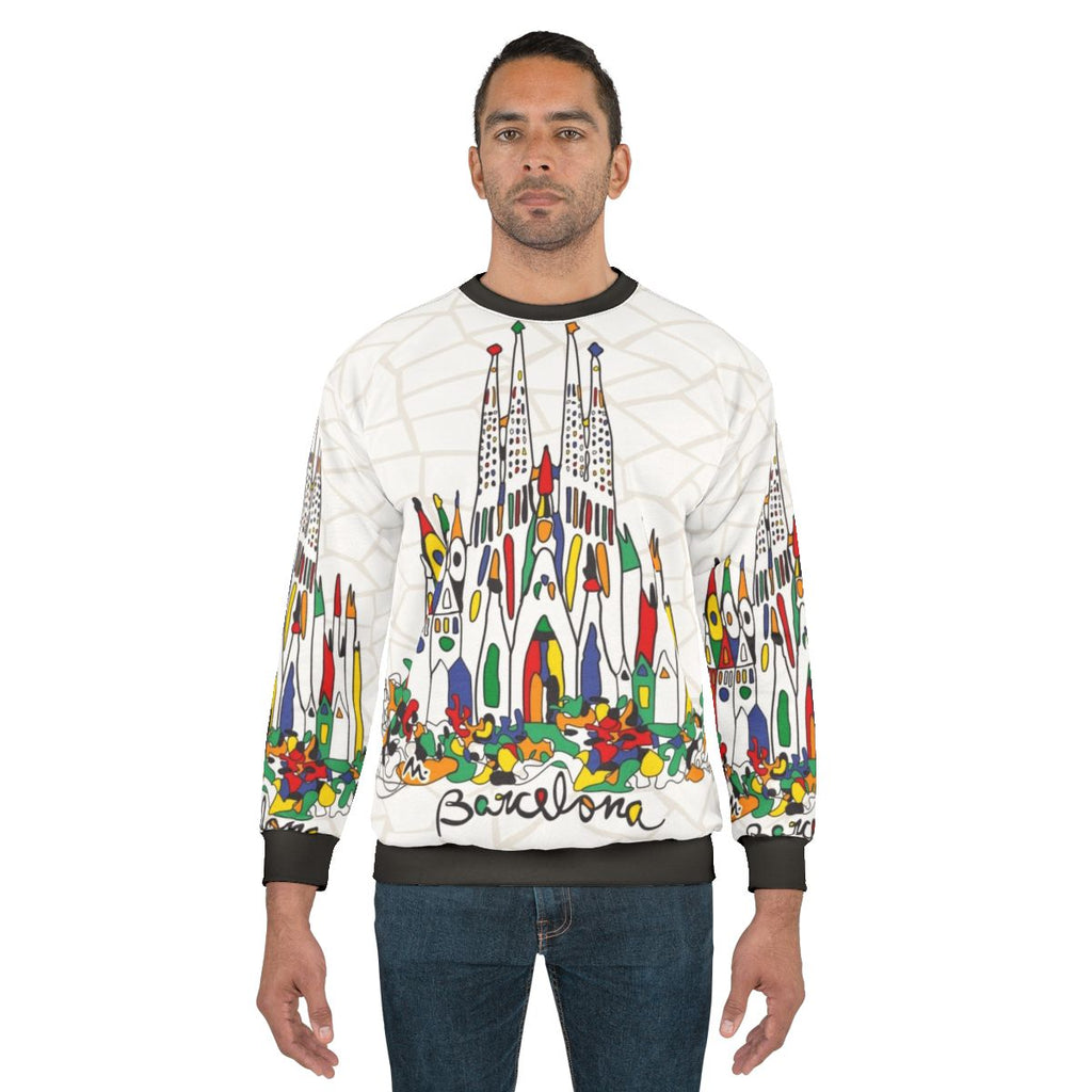 Sweatshirt featuring the iconic Sagrada Familia in Barcelona, Spain designed by Antoni Gaudi
