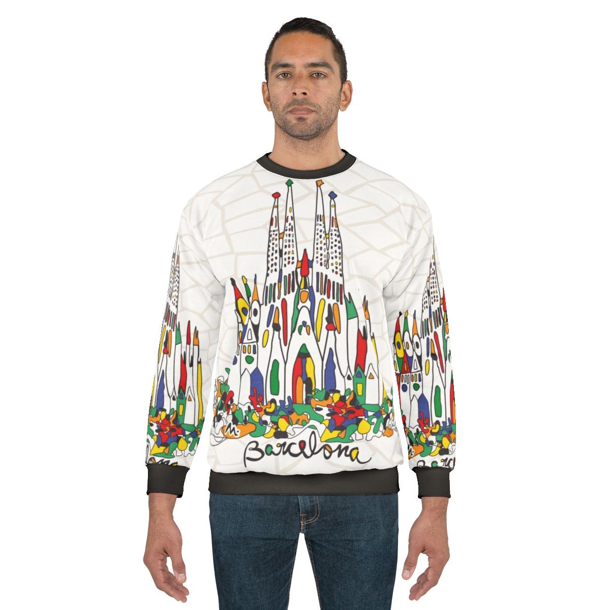 Sweatshirt featuring the iconic Sagrada Familia in Barcelona, Spain designed by Antoni Gaudi