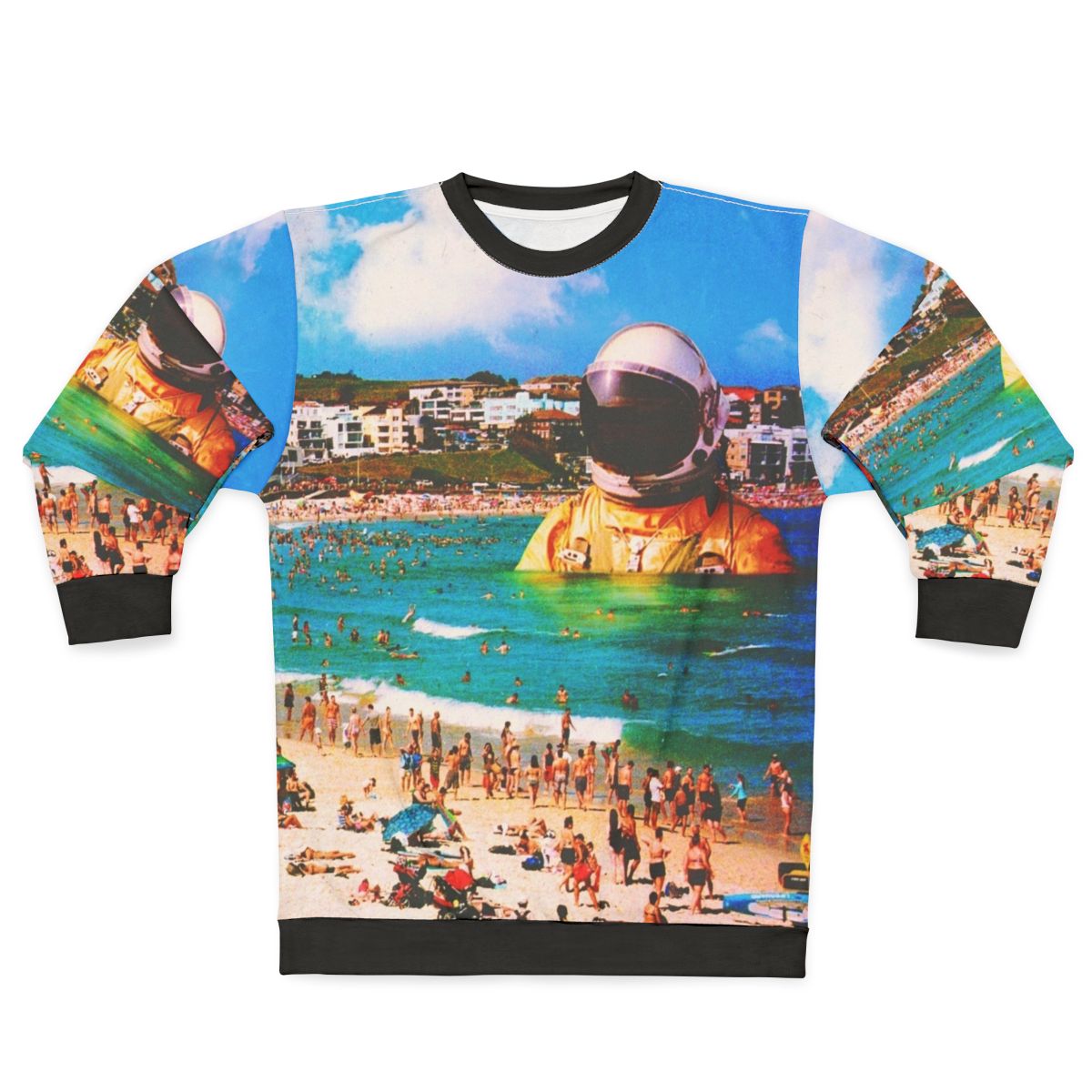 Surreal digital art sweatshirt featuring a beach astronaut in a collage design