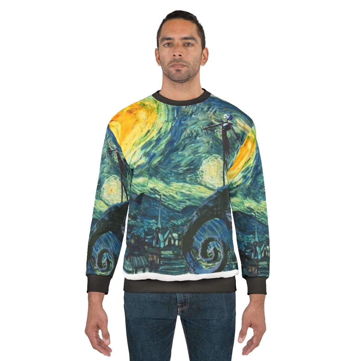 Starry night sweatshirt with nightmare before christmas skeleton design