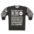 The Hitchhiker's Guide to the Galaxy inspired sweatshirt with space theme and Douglas Adams quote