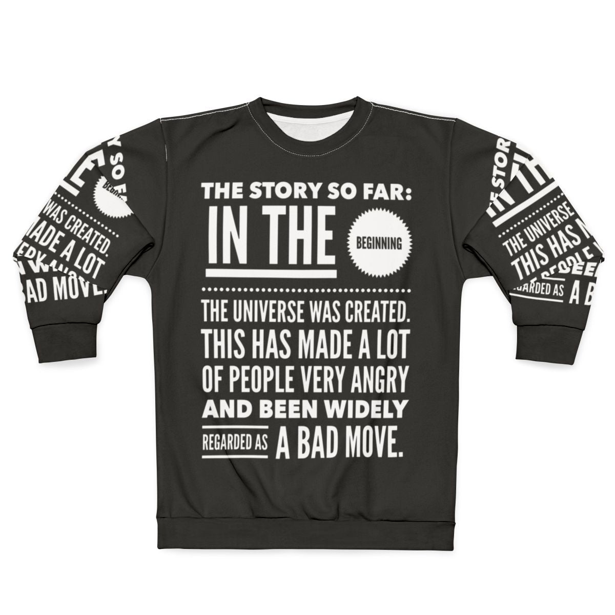 The Hitchhiker's Guide to the Galaxy inspired sweatshirt with space theme and Douglas Adams quote