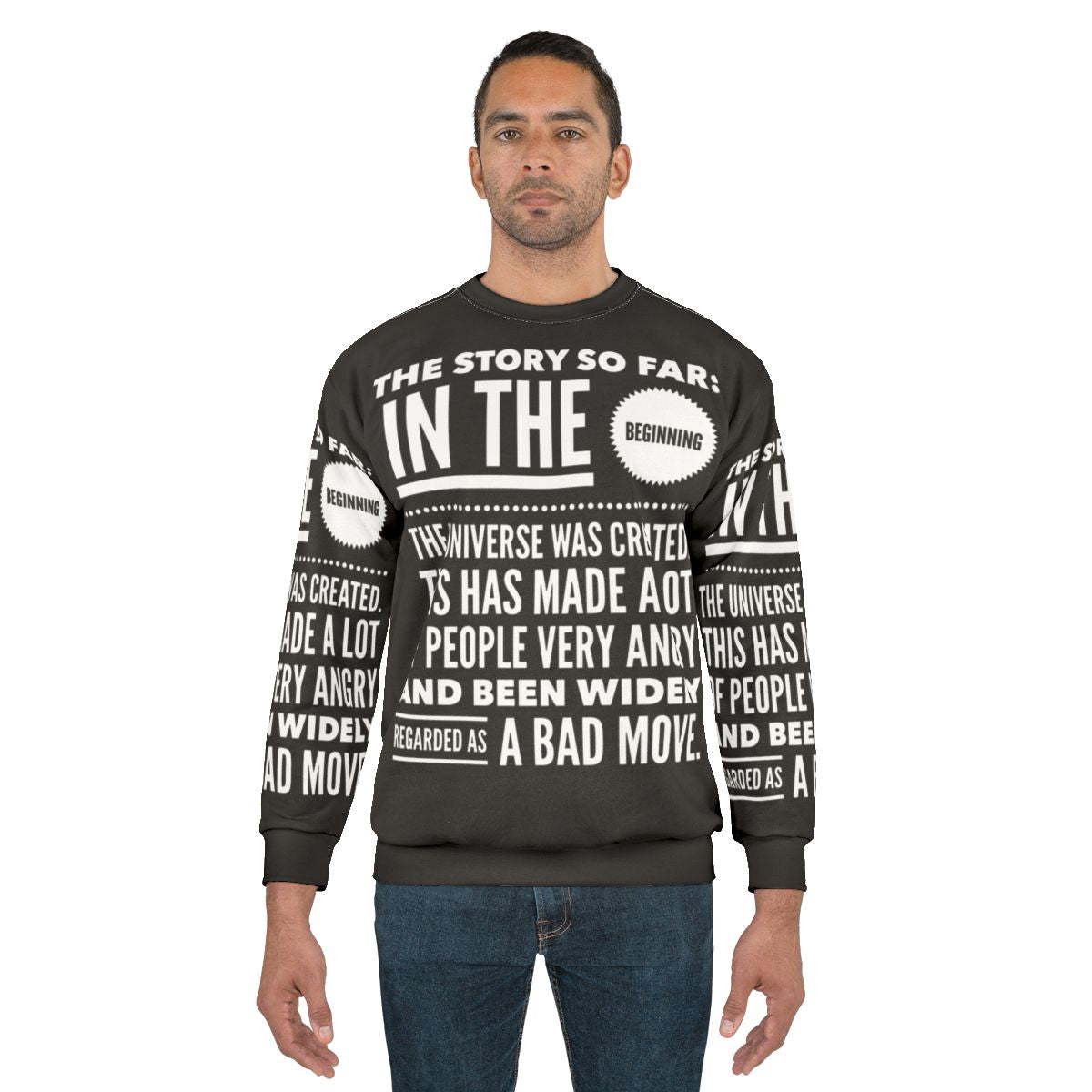 The Hitchhiker's Guide to the Galaxy inspired sweatshirt with space theme and Douglas Adams quote