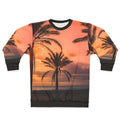 Sweatshirt with a scenic sunrise over palm trees on a beach