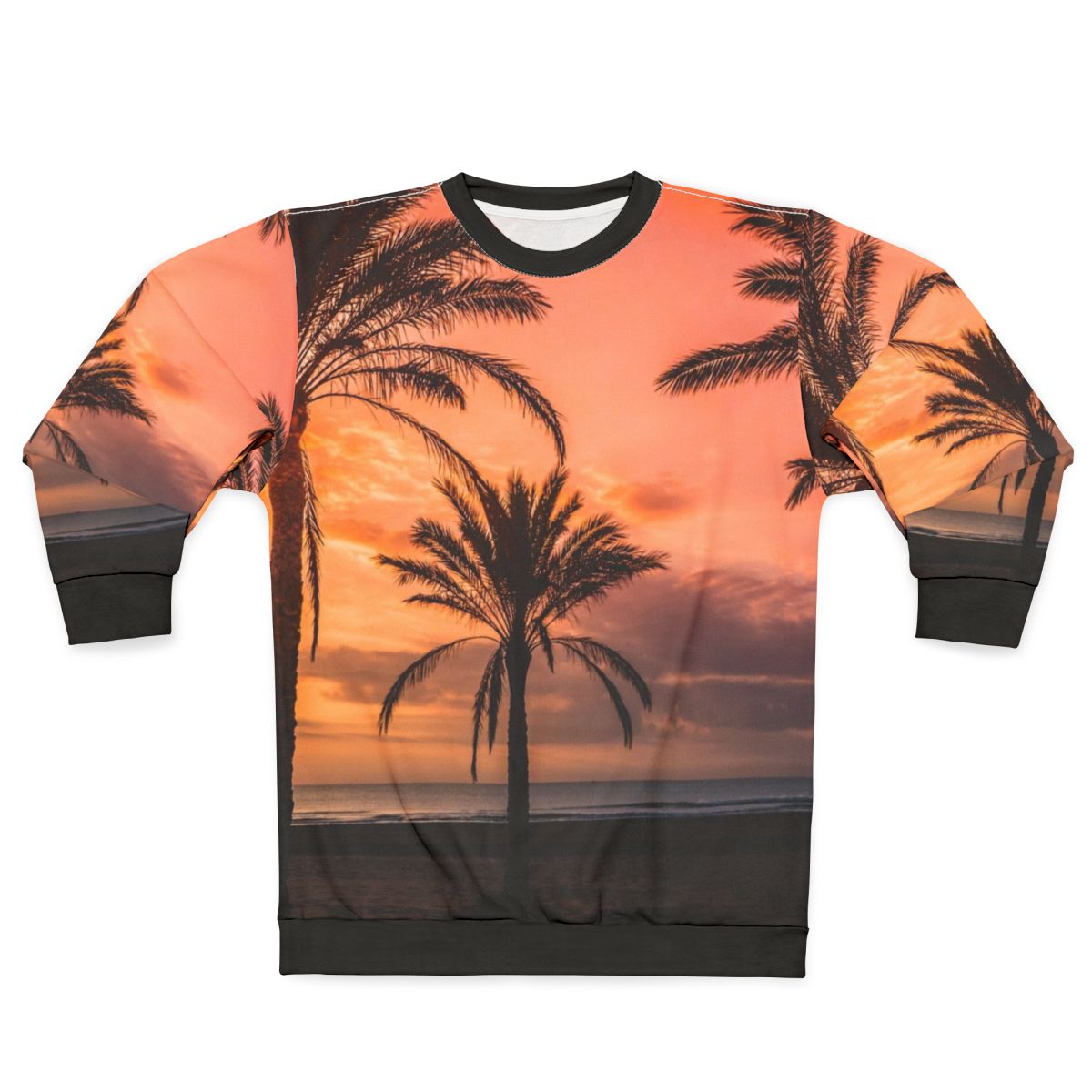 Sweatshirt with a scenic sunrise over palm trees on a beach