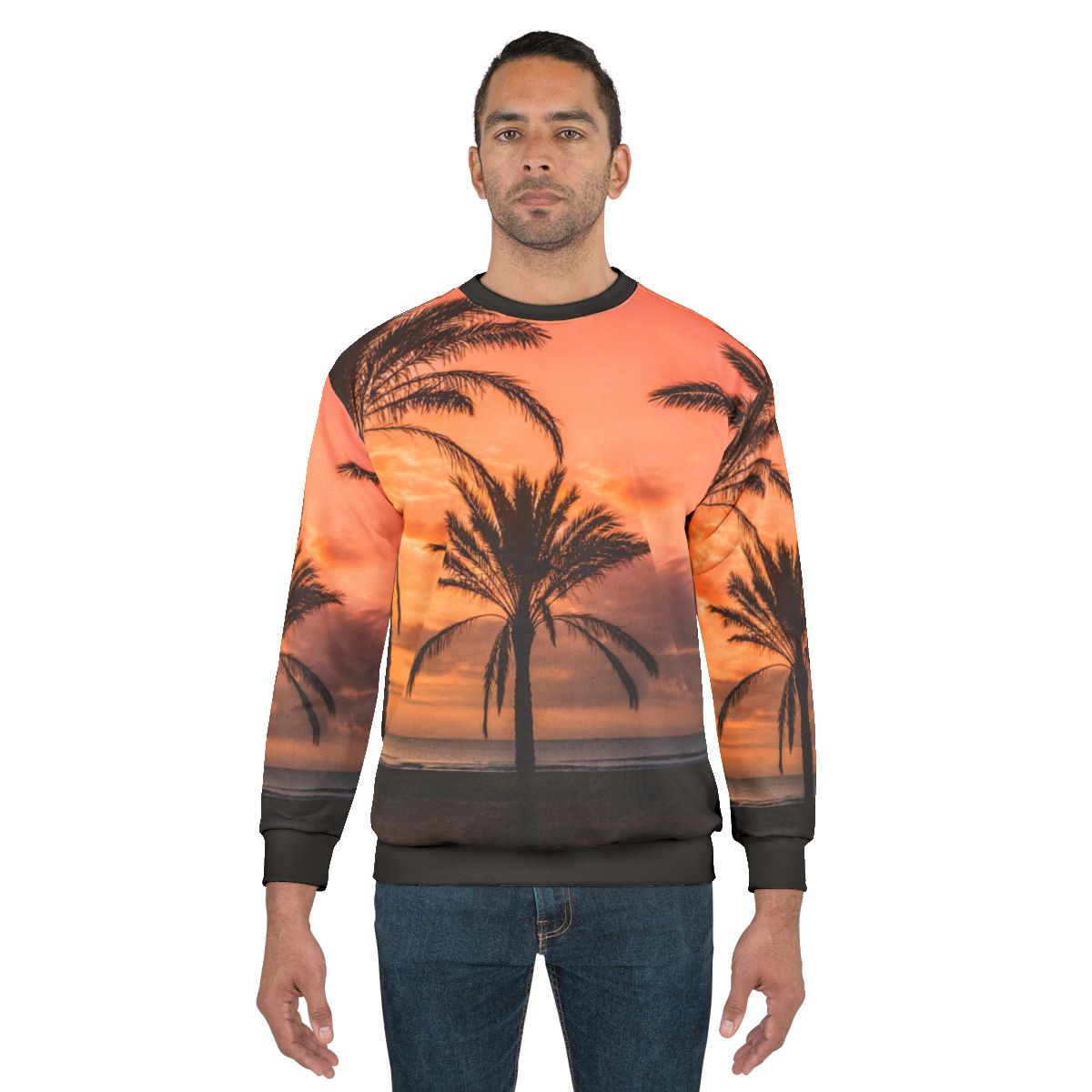 Sweatshirt with a scenic sunrise over palm trees on a beach