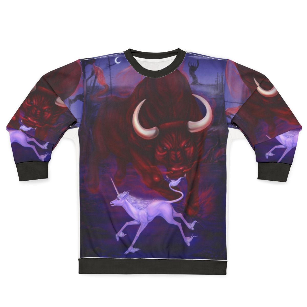 A fantasy sweatshirt featuring a unicorn and a bull