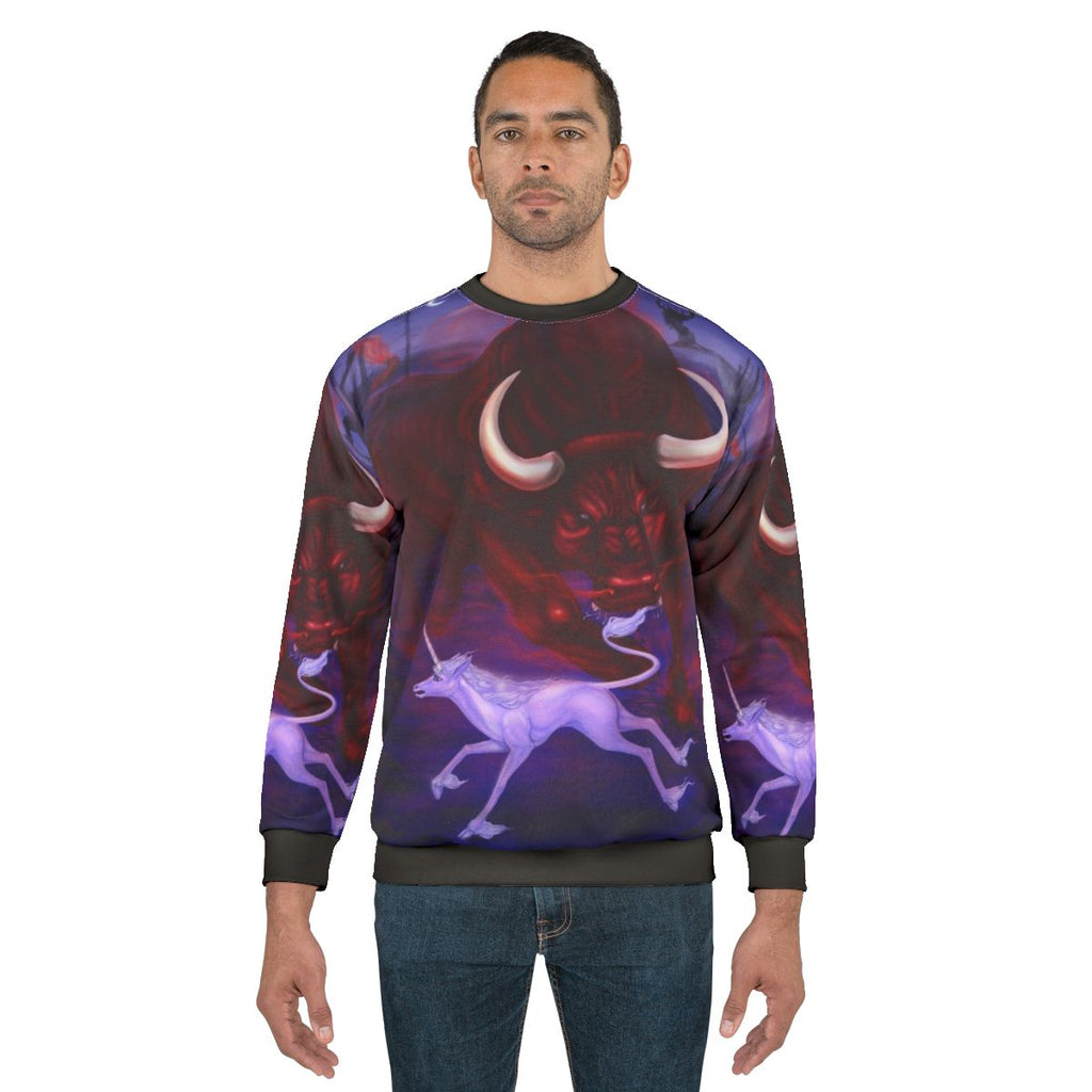 A fantasy sweatshirt featuring a unicorn and a bull