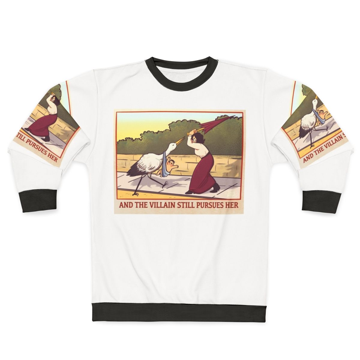 Childfree anti-natalist feminist sweatshirt with a cartoon sketch of a bird and a baby