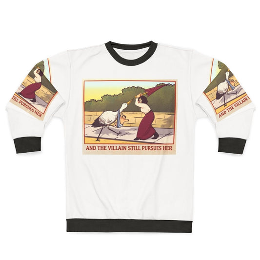 Childfree anti-natalist feminist sweatshirt with a cartoon sketch of a bird and a baby