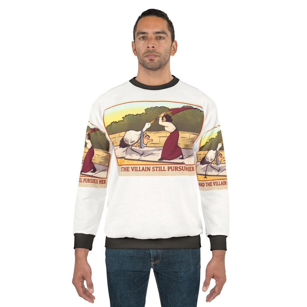 Childfree anti-natalist feminist sweatshirt with a cartoon sketch of a bird and a baby