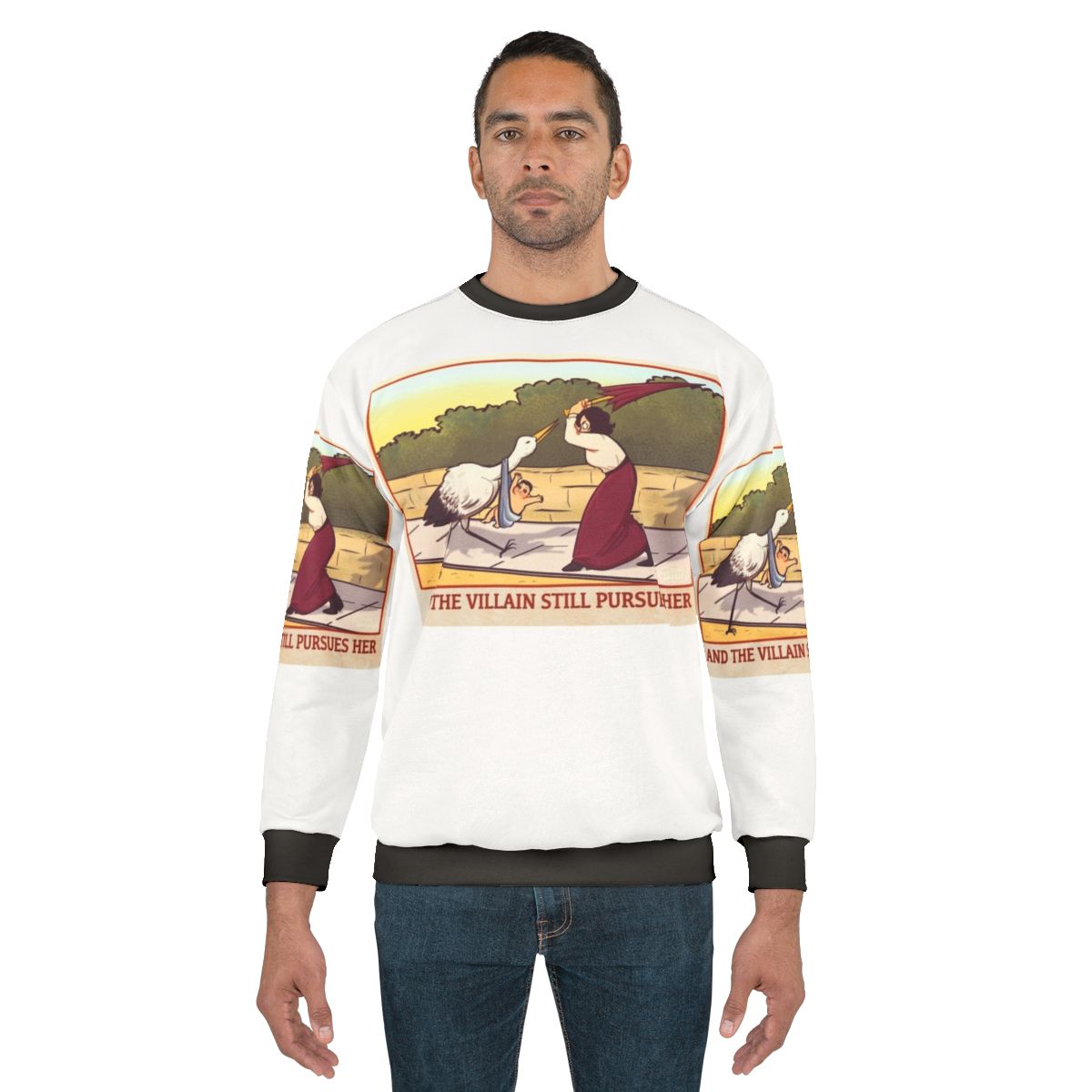 Childfree anti-natalist feminist sweatshirt with a cartoon sketch of a bird and a baby