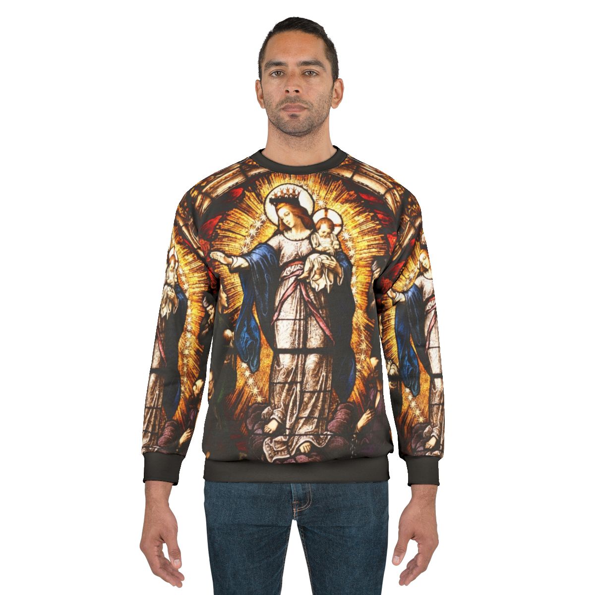 Virgin Mary Sweatshirt with Stained Glass Design