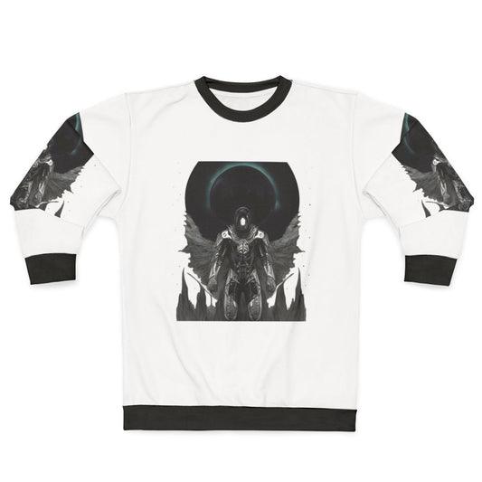 "The Walker Between Realms" gothic-style horror sweatshirt featuring an alien-inspired design