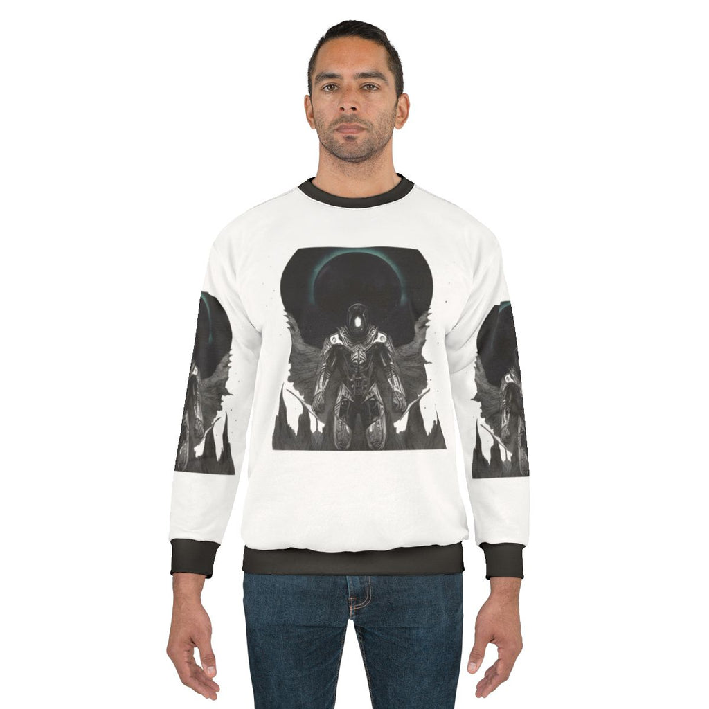 "The Walker Between Realms" gothic-style horror sweatshirt featuring an alien-inspired design