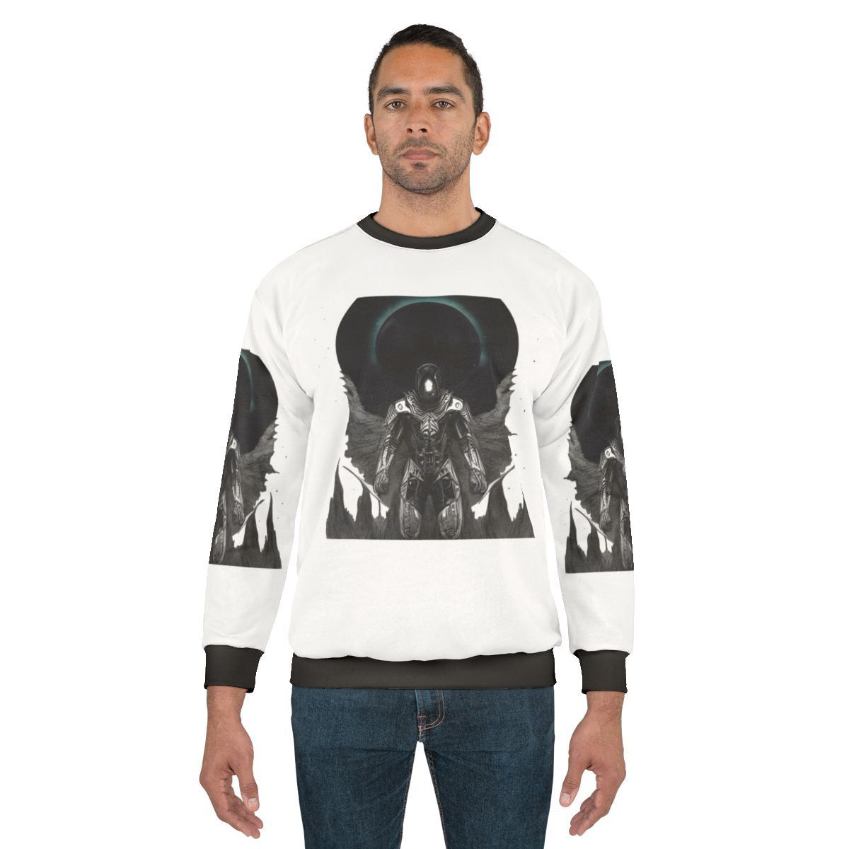 "The Walker Between Realms" gothic-style horror sweatshirt featuring an alien-inspired design