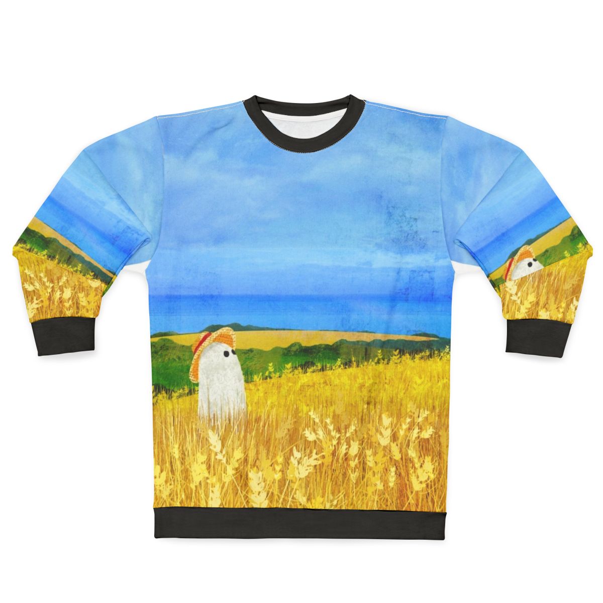 Sweatshirt with a ghostly figure in a wheat field