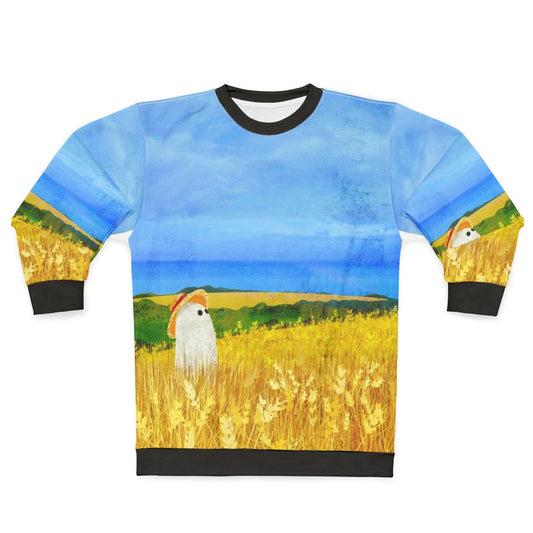 Sweatshirt with a ghostly figure in a wheat field