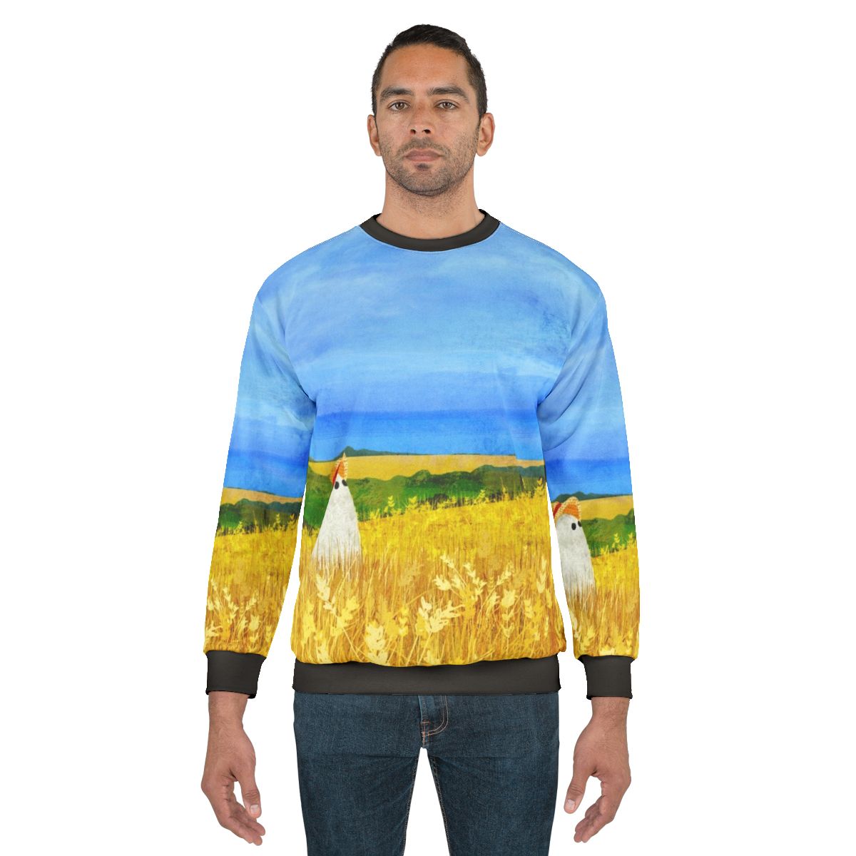 Sweatshirt with a ghostly figure in a wheat field