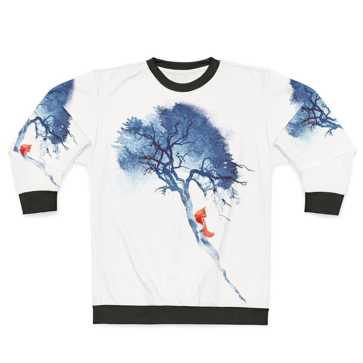Watercolor nature sweatshirt with blue and red forest wildlife design