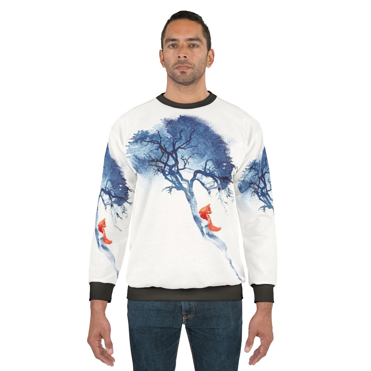 Watercolor nature sweatshirt with blue and red forest wildlife design