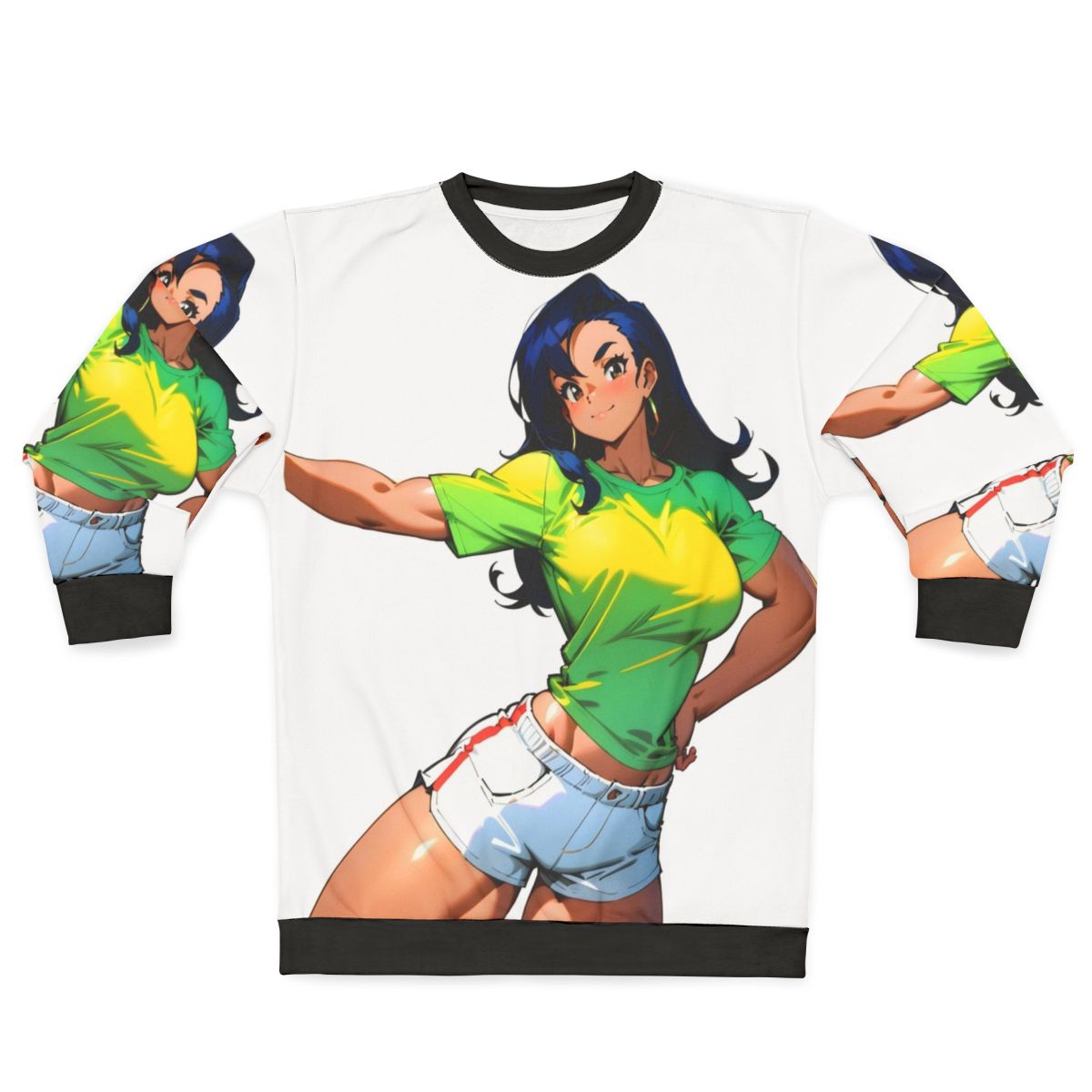 Strong anime-inspired female character on a sweatshirt for fitness enthusiasts