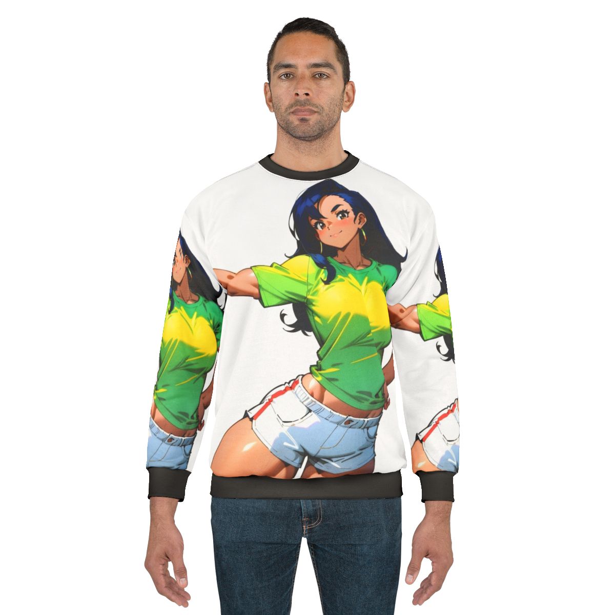 Strong anime-inspired female character on a sweatshirt for fitness enthusiasts