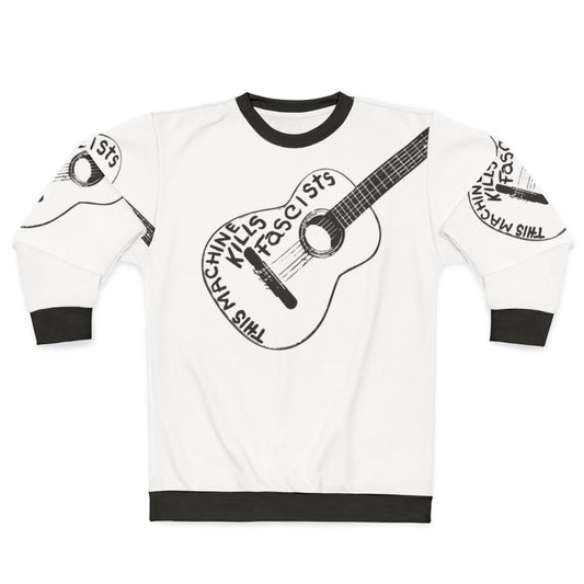 Woody Guthrie's iconic "This Machine Kills Fascists" slogan printed on a black sweatshirt