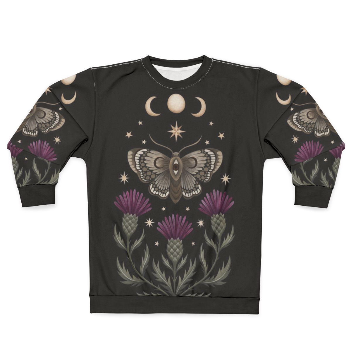 Thistle and moth sweatshirt with crescent moon and stars