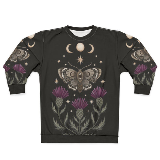 Thistle and moth sweatshirt with crescent moon and stars