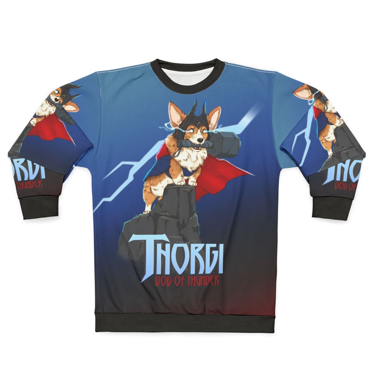 Corgi wearing a sweatshirt with Thor's hammer and lightning design