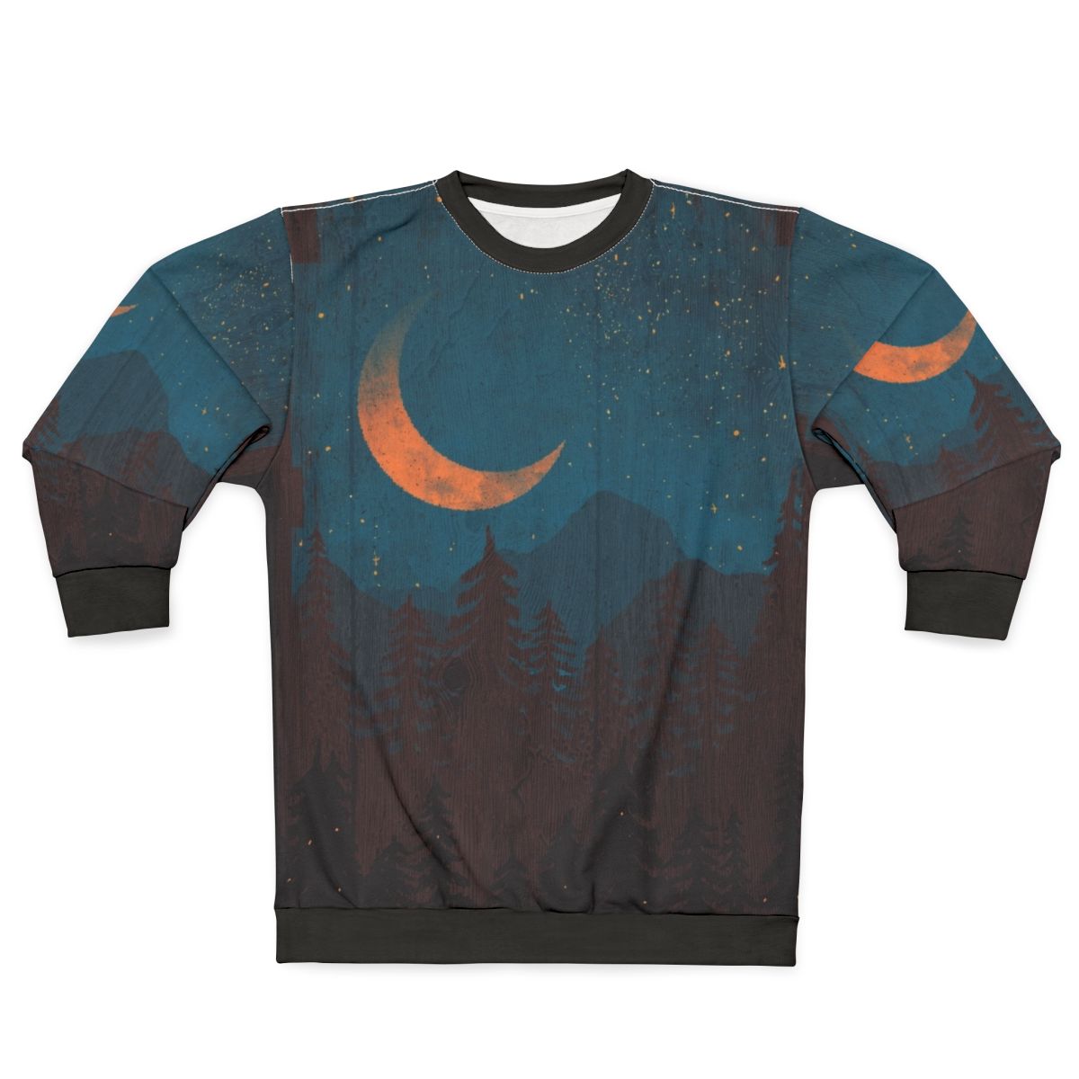 Breathtaking summer nights sweatshirt featuring a landscape design with stars, mountains, and nature elements
