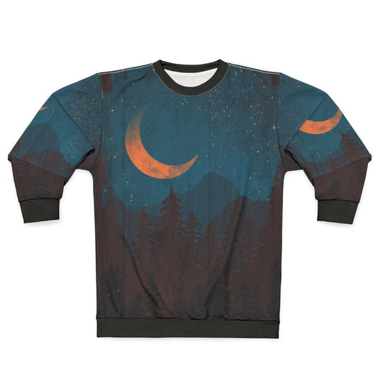 Breathtaking summer nights sweatshirt featuring a landscape design with stars, mountains, and nature elements