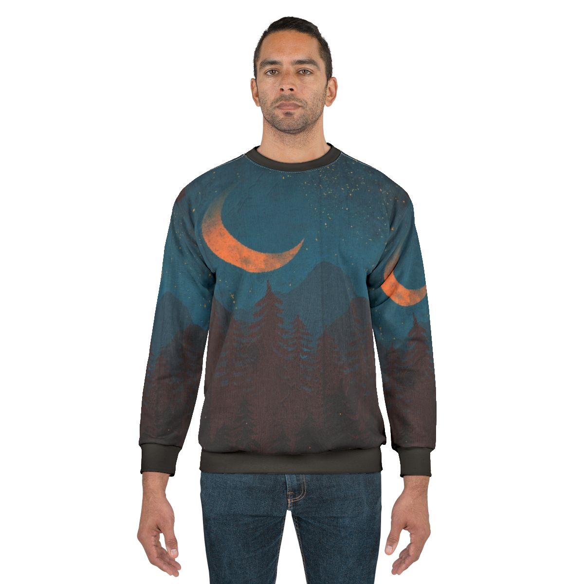 Breathtaking summer nights sweatshirt featuring a landscape design with stars, mountains, and nature elements