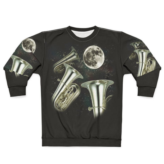 Three Tuba Moon Sweatshirt featuring a graphic design of three tubas in front of a full moon