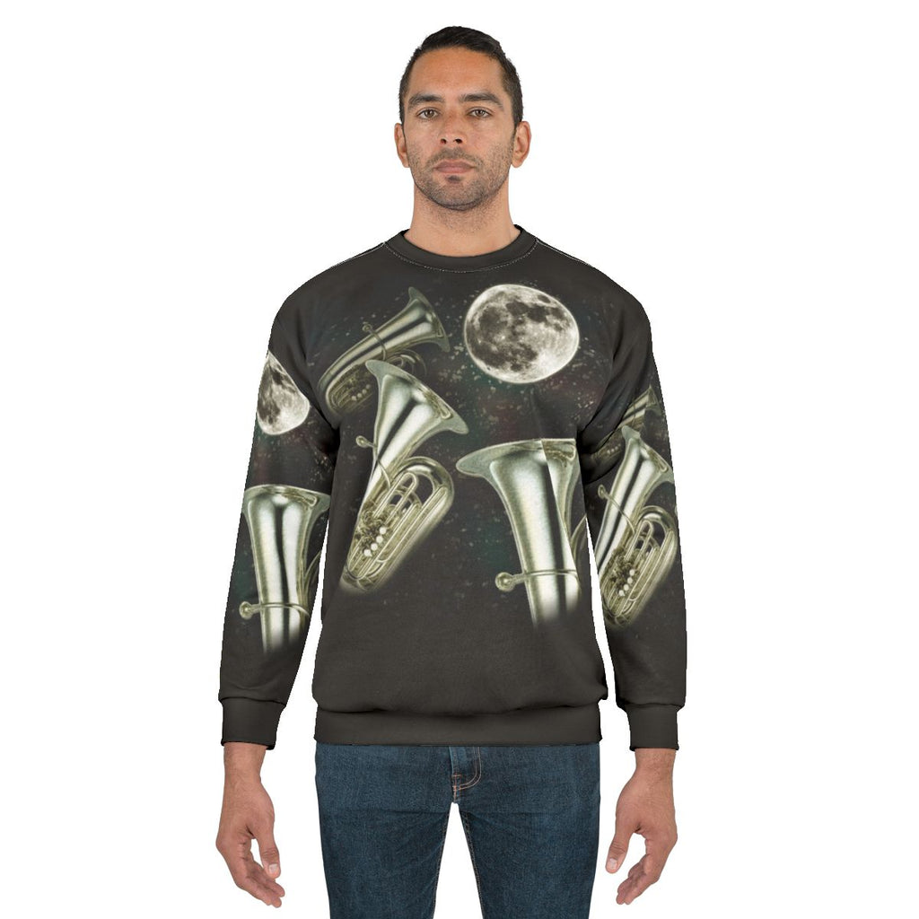 Three Tuba Moon Sweatshirt featuring a graphic design of three tubas in front of a full moon