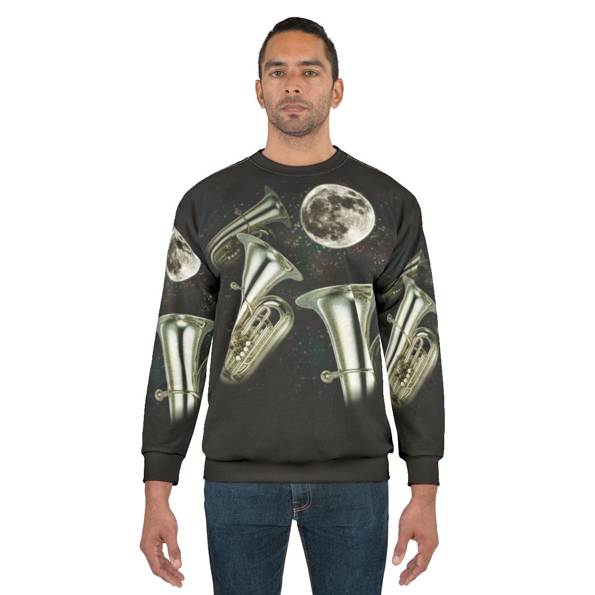Three Tuba Moon Sweatshirt featuring a graphic design of three tubas in front of a full moon